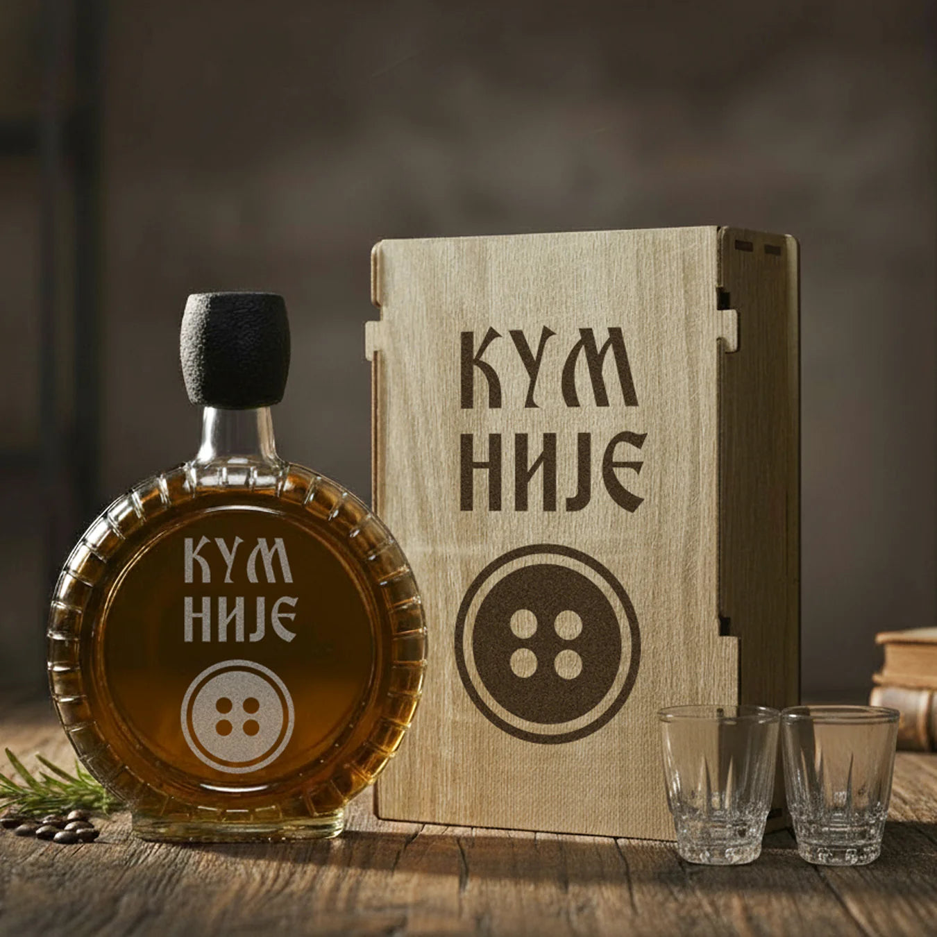 Poklon za kuma - Kum nije dugme, izgravirana kutija sa čuturom za rakiju sa dve čašice