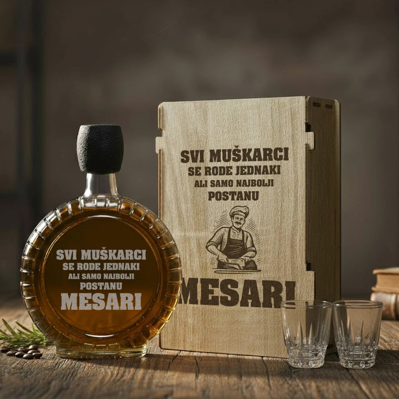 Poklon za Mesare, izgravirana kutija sa čuturom za rakiju i dve čašice