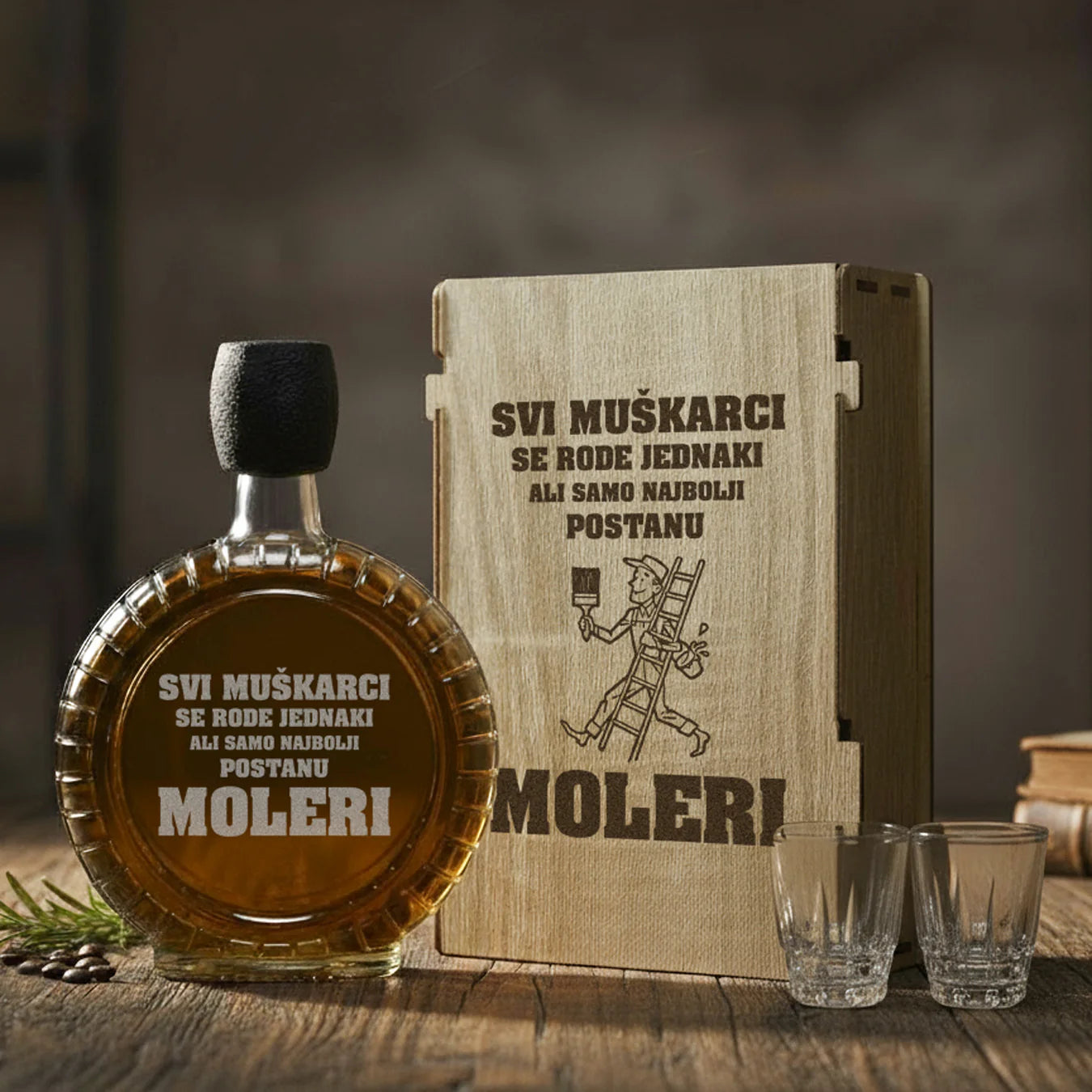 Poklon za Molere, izgravirana kutija sa čuturom za rakiju i dve čašice
