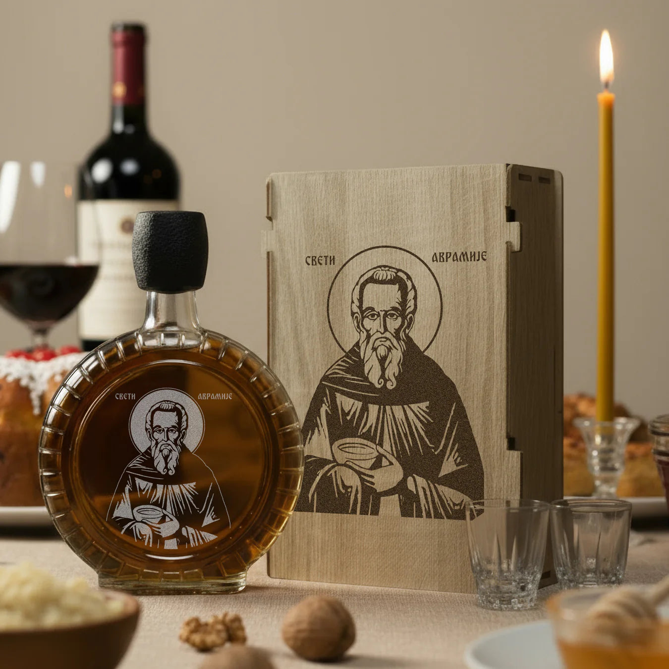 Slavski poklon Sveti Avramije, izgravirana kutija sa čuturom za rakiju i dve čašice