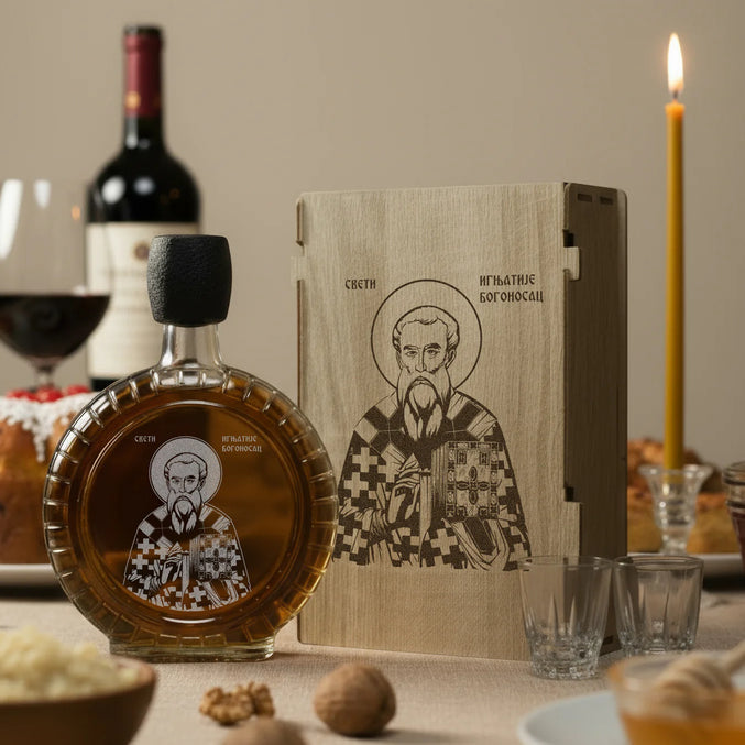 Slavski poklon Sveti Ignjatije Bognosac, izgravirana kutija sa čuturom za rakiju i dve čašice
