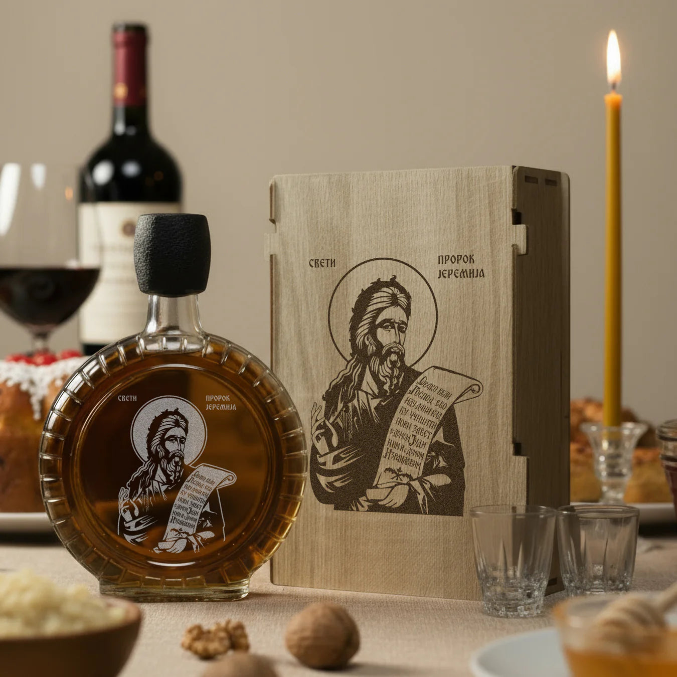 Slavski poklon Sveti prorok Jeremija, izgravirana kutija sa čuturom za rakiju i dve čašice