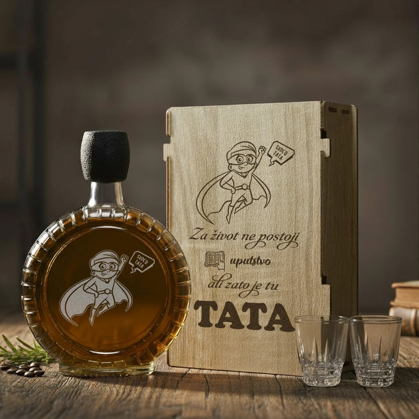 Poklon Super tata, izgravirana kutija sa čuturom za rakiju i dve čašice