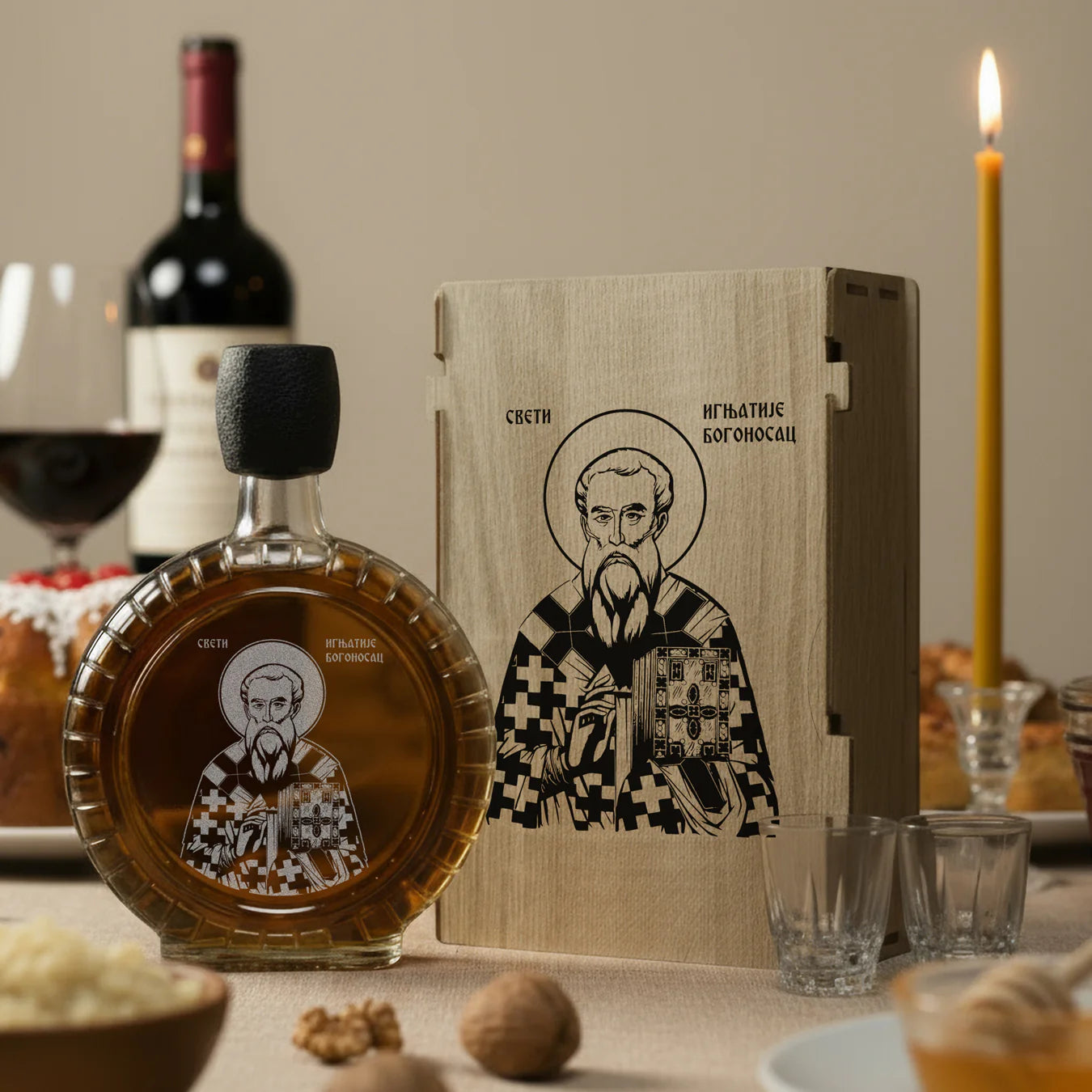 Slavski poklon set Sveti Ignjatije Bogonosac, sa 2 čašice (rakija nije uključena)