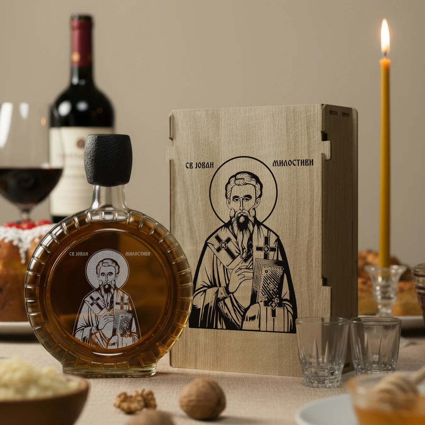 Slavski poklon set Sveti Jovan Milostivi, sa 2 čašice (rakija nije uključena)