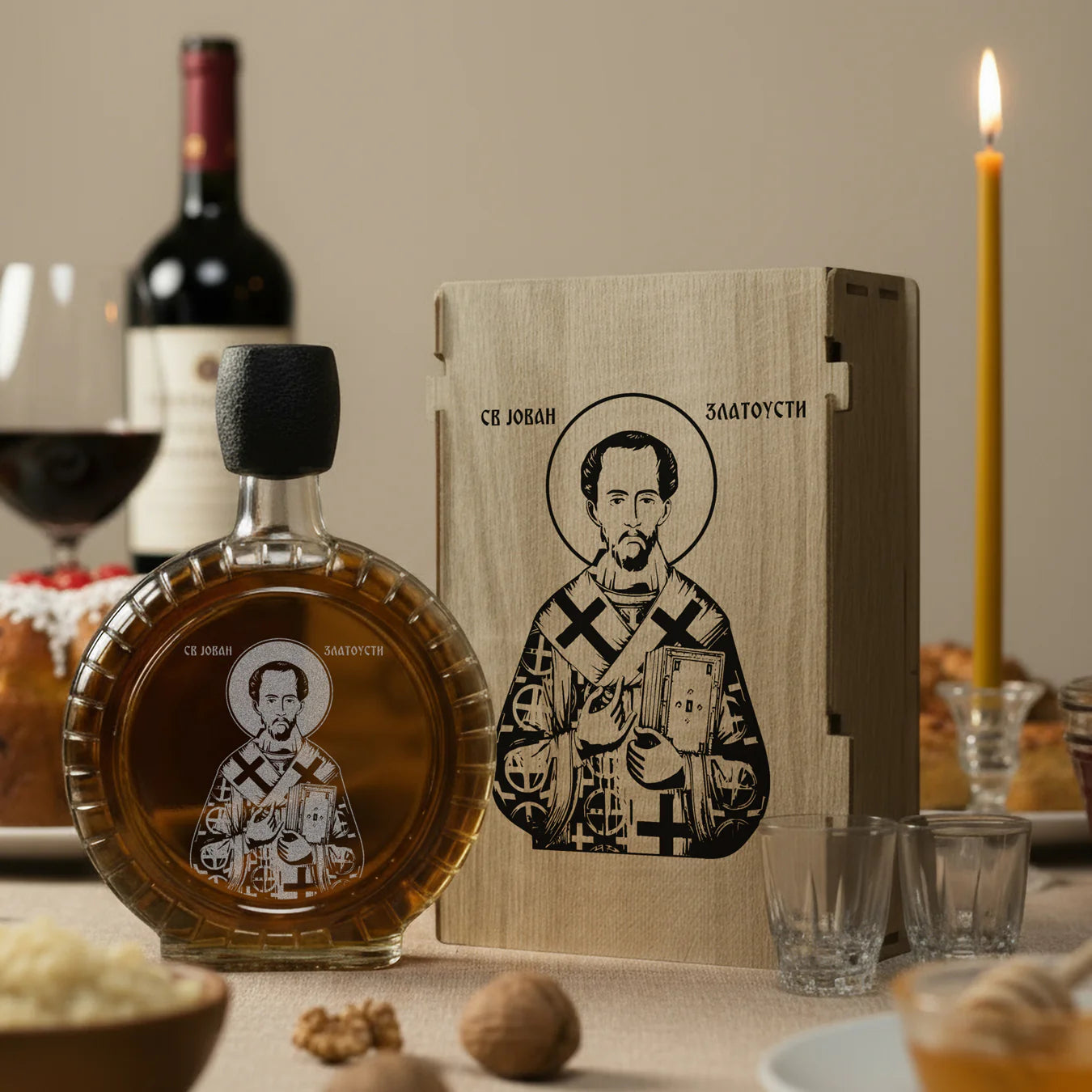 Slavski poklon set Sveti Jovan Zlatousti, sa 2 čašice (rakija nije uključena)