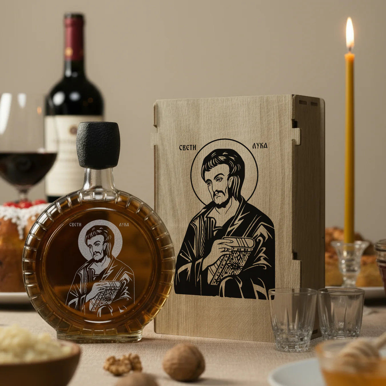 Slavski poklon set Sveti Luka, sa 2 čašice (rakija nije uključena)