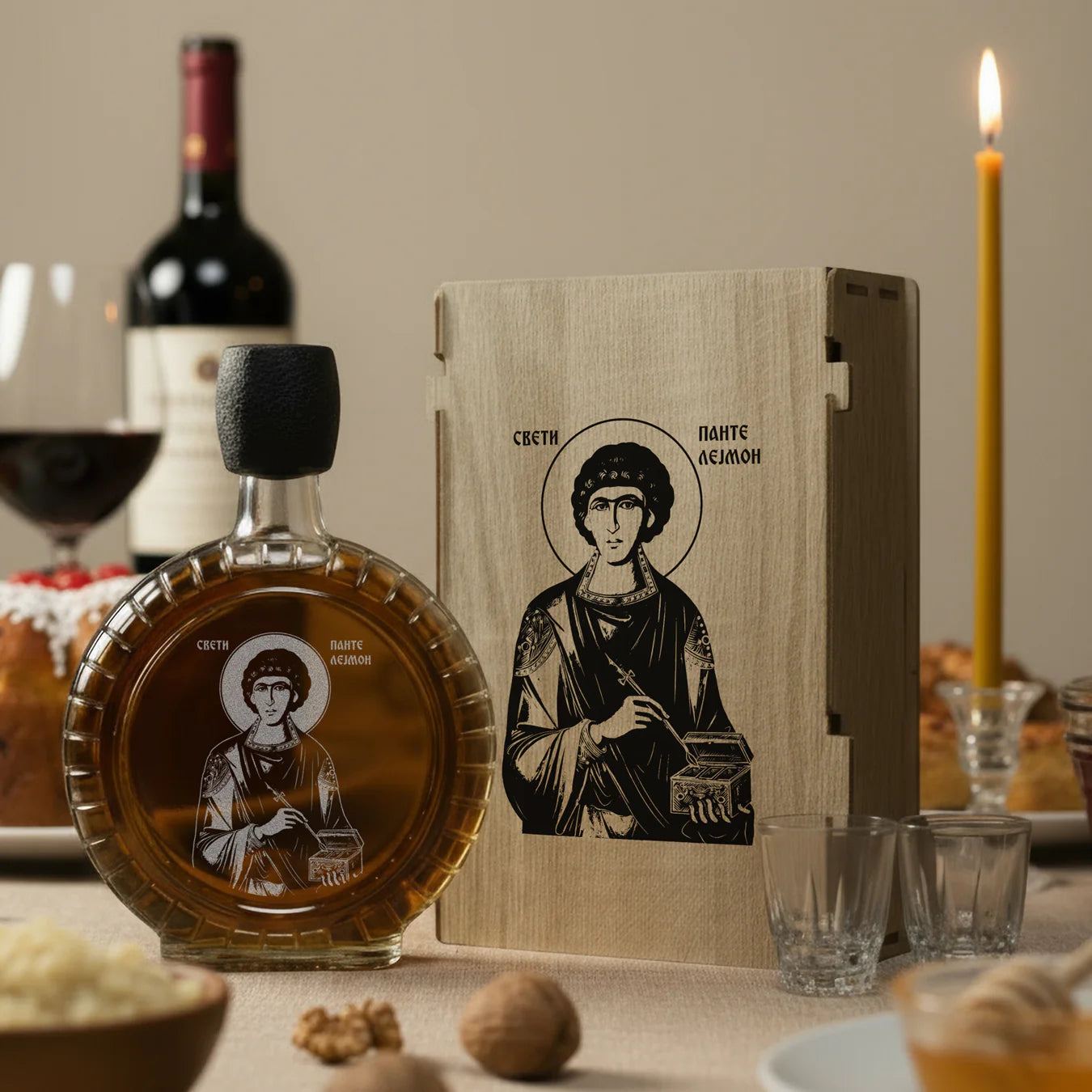 Slavski poklon set Sveti Pantelejmon, sa 2 čašice (rakija nije uključena)