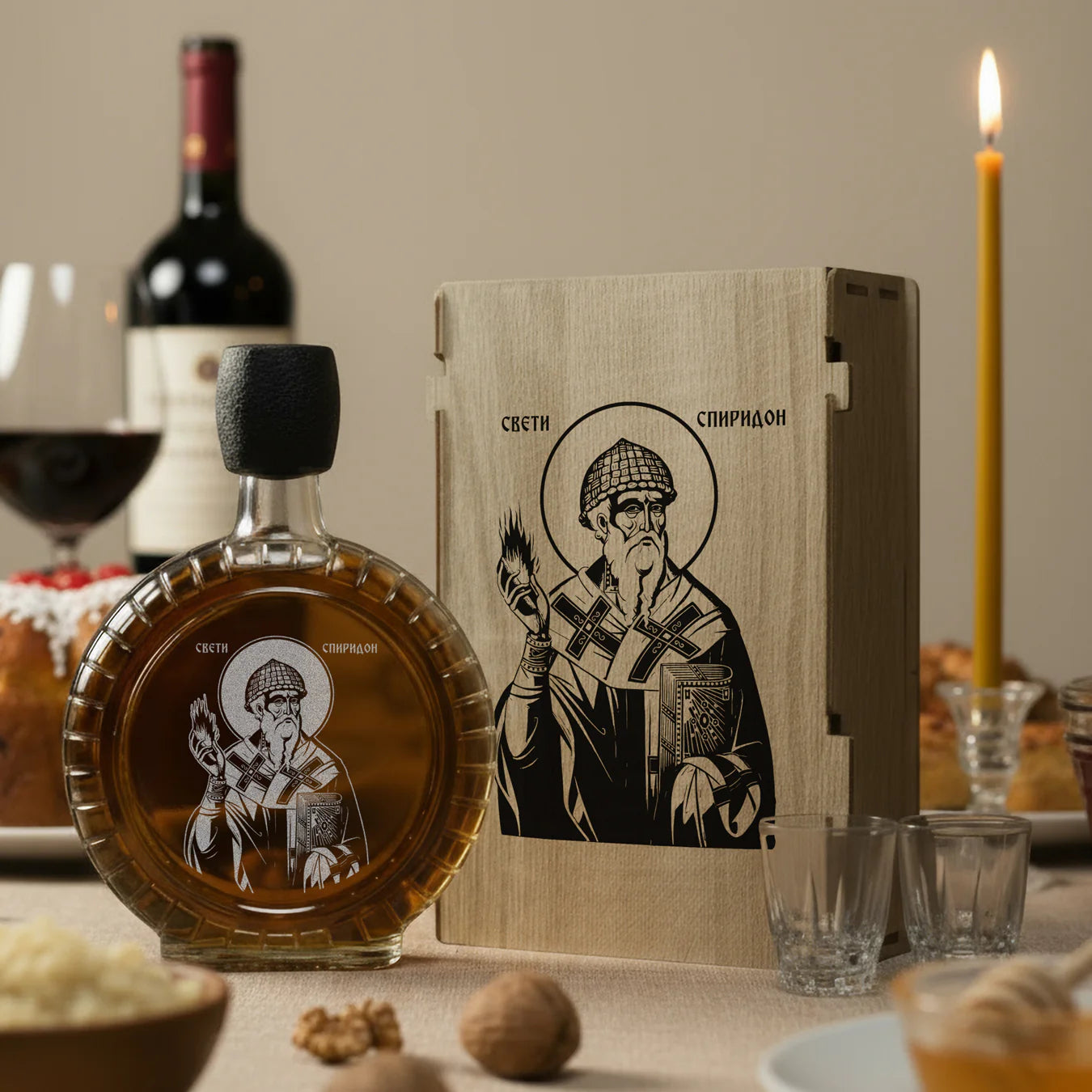 Slavski poklon set Sveti Spiridon, sa 2 čašice (rakija nije uključena)
