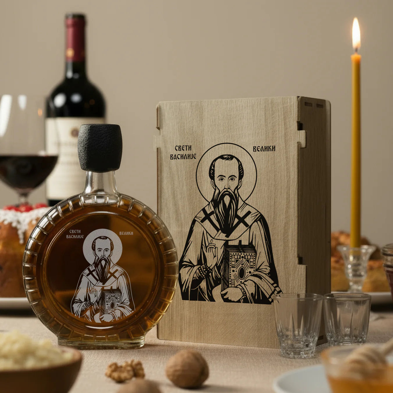 Slavski poklon set Sveti Vasilije Veliki, sa 2 čašice (rakija nije uključena)