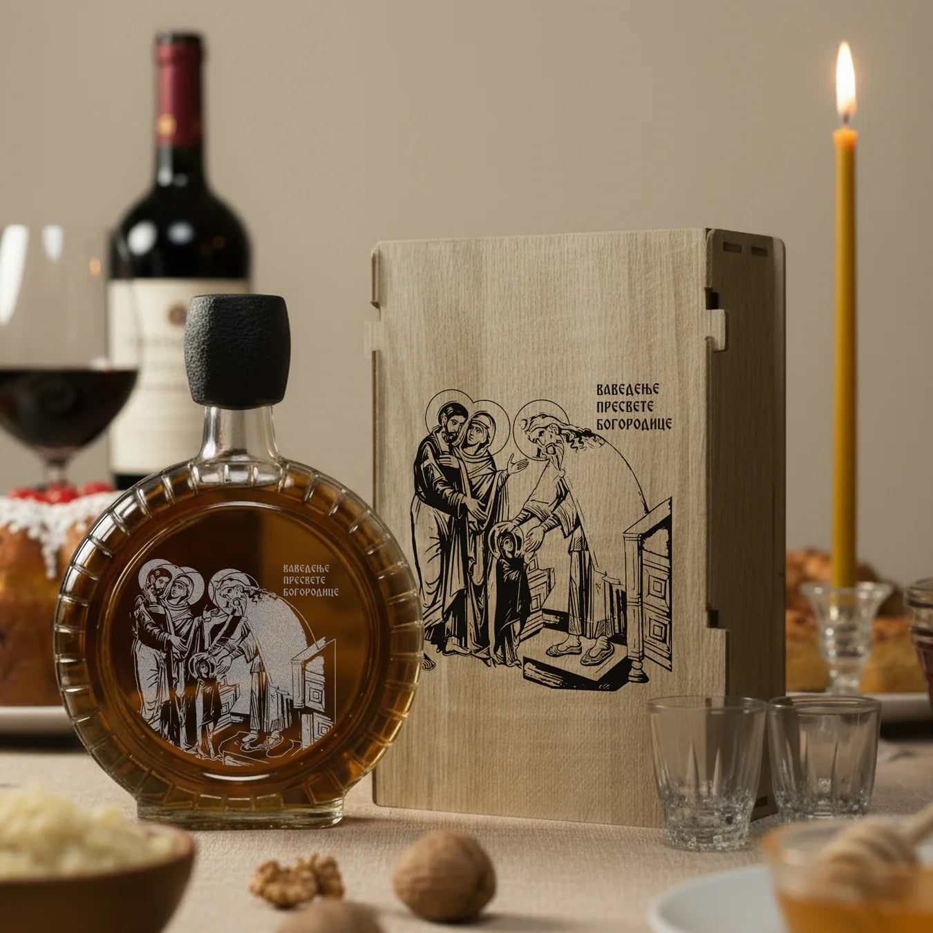 Slavski poklon set Vavedenje presvete Bogorodice, sa 2 čašice (rakija nije uključena)
