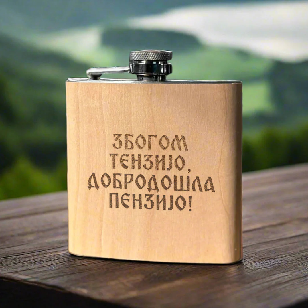 Izgravirana poklon pljoska - Zbogom tenzijo, dobrodošla penzijo