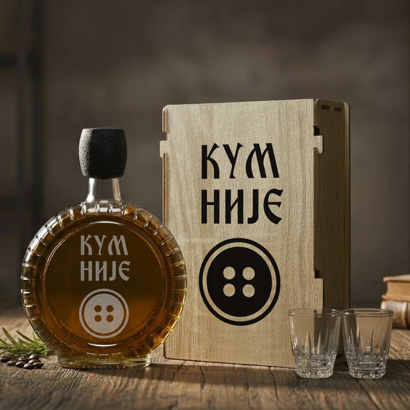 Poklon set Kum nije dugme, sa 2 čašice (rakija nije uključena)