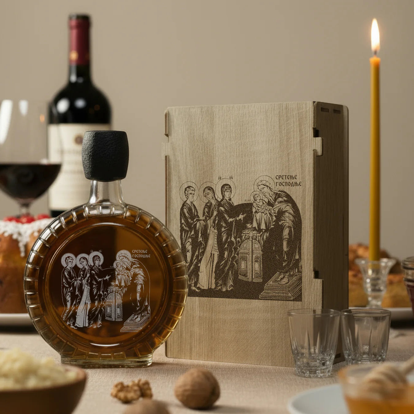 Slavski poklon Sretenje gospodnje, izgravirana kutija sa čuturom za rakiju i dve čašice