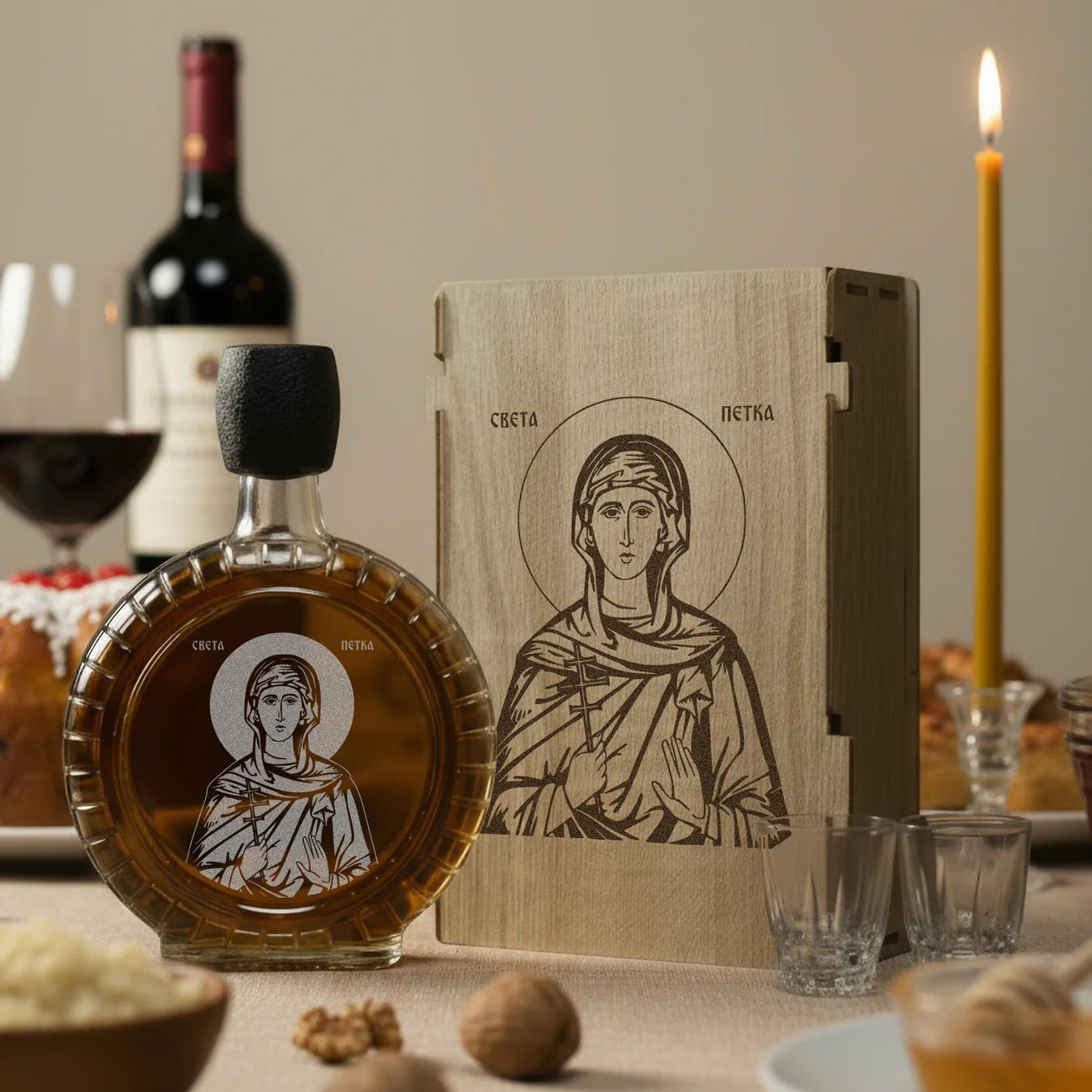 Slavski poklon Sveta Petka, izgravirana kutija sa čuturom za rakiju i dve čašice