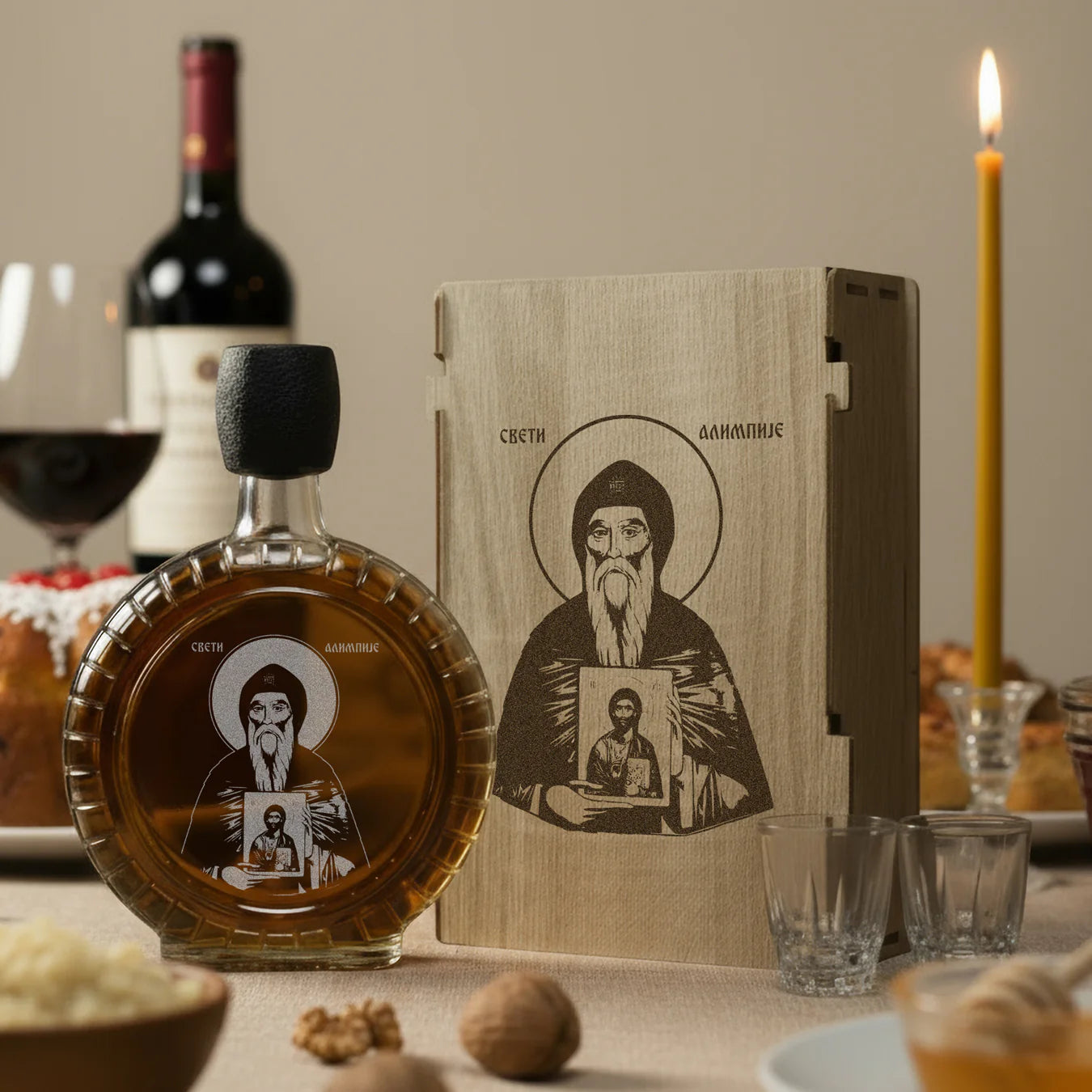 Slavski poklon Sveti Alimpije, izgravirana kutija sa čuturom za rakiju i dve čašice