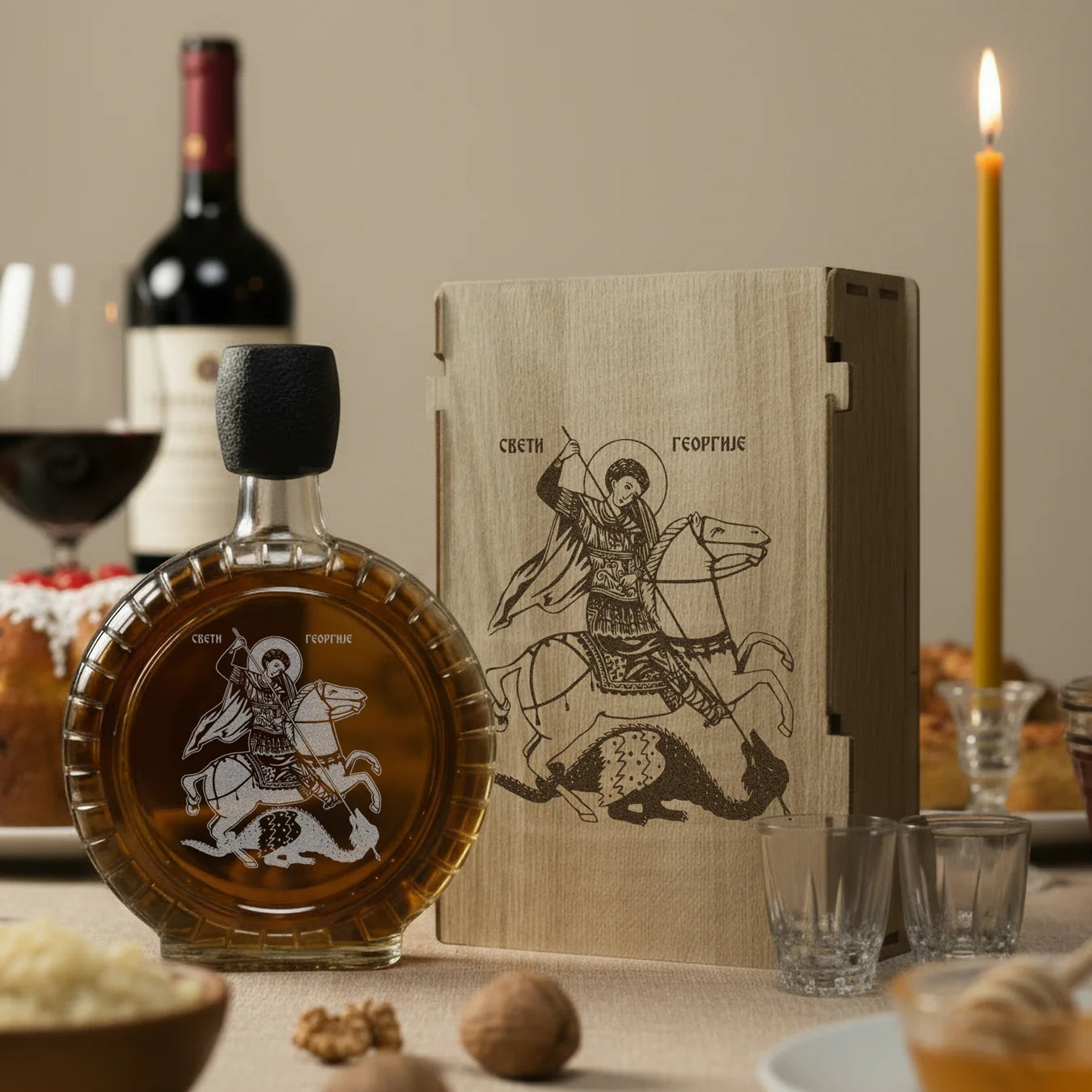 Slavski poklon Sveti Georgije - Đurđevdan, izgravirana kutija sa čuturom za rakiju i dve čašice