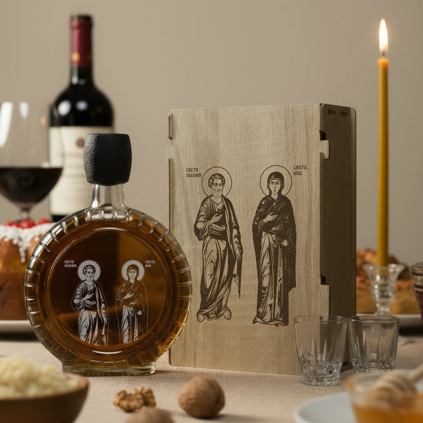 Slavski poklon Sveti Joakim i Ana, izgravirana kutija sa čuturom za rakiju i dve čašice