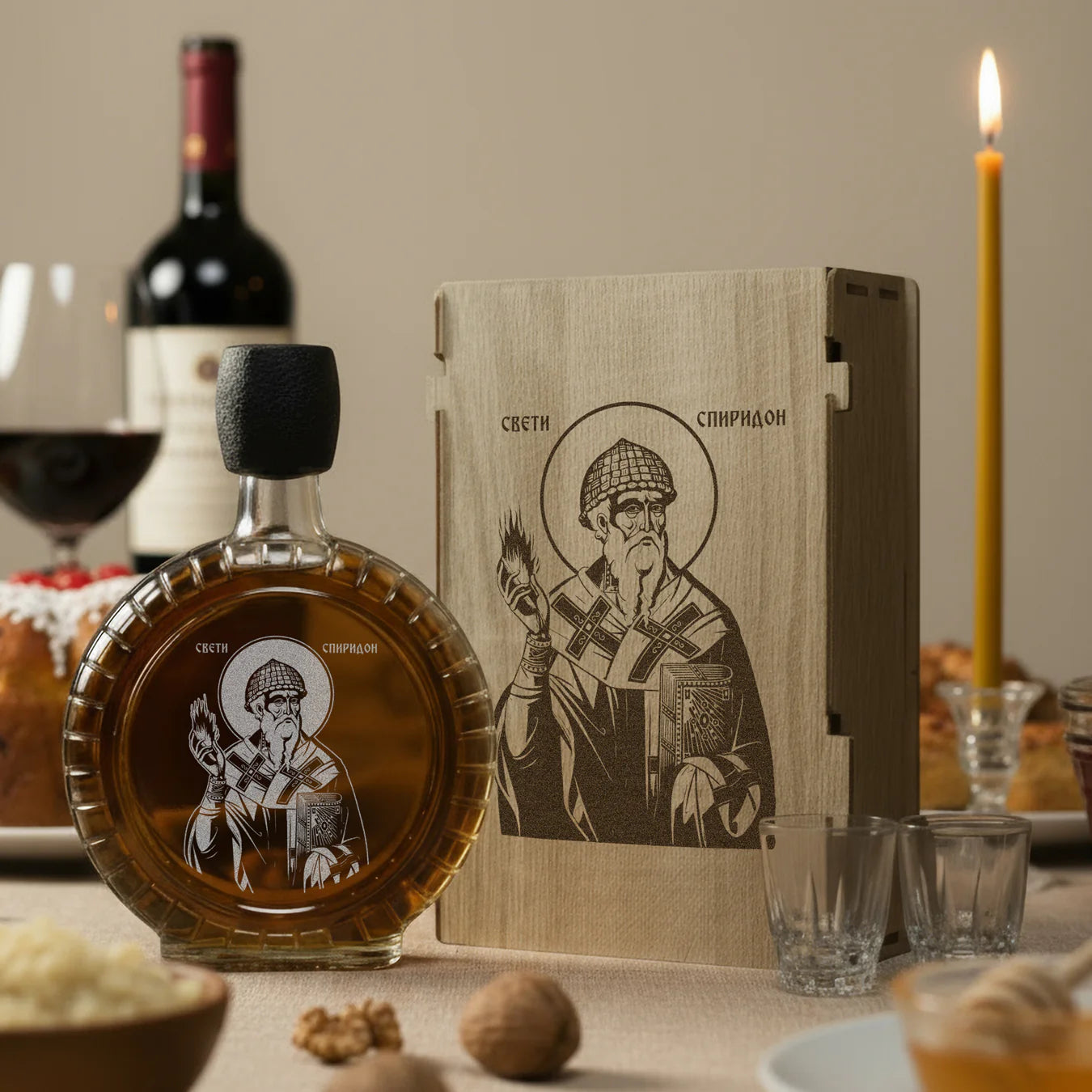 Slavski poklon Sveti Spiridon, izgravirana kutija sa čuturom za rakiju i dve čašice