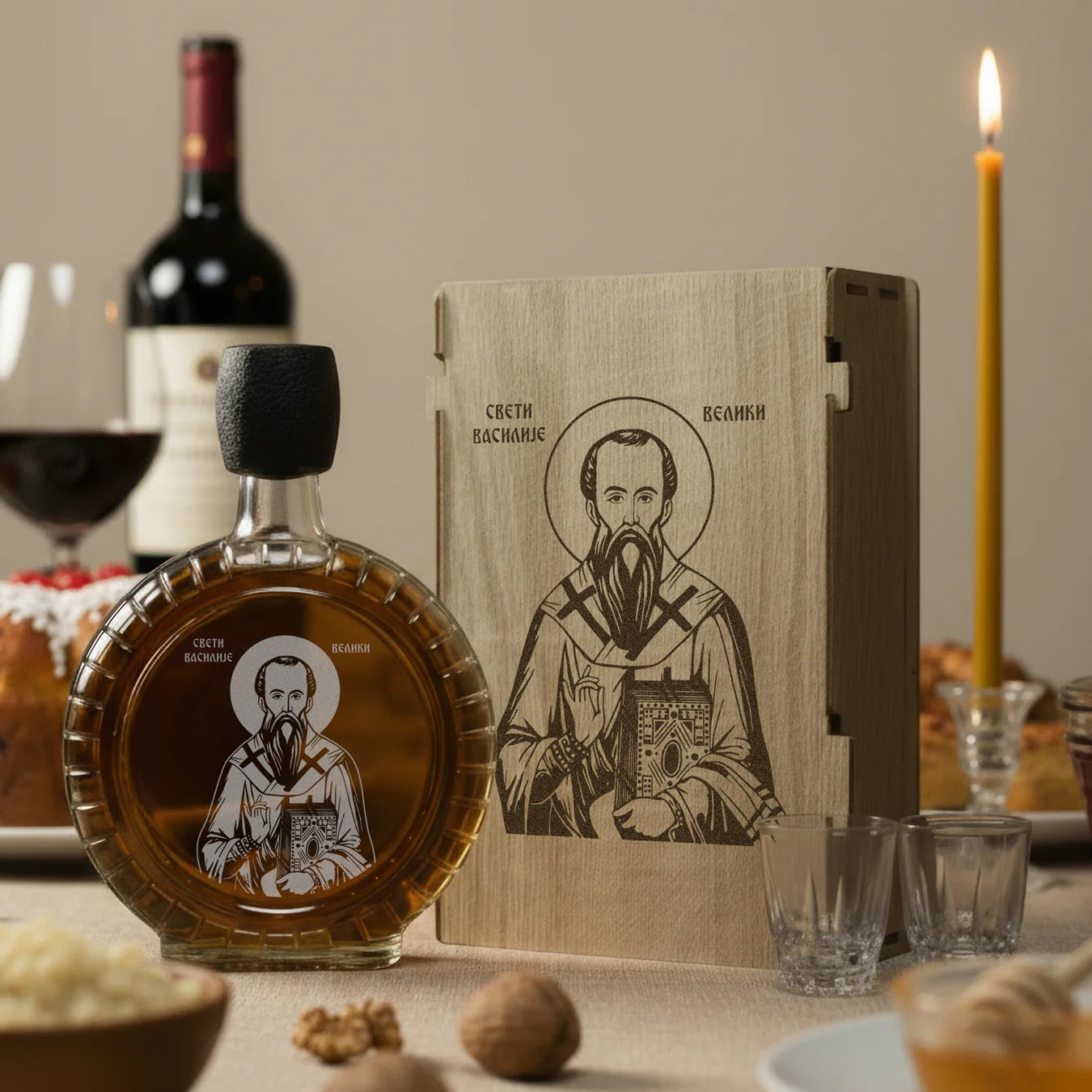 Slavski poklon Sveti Vasilije Veliki, izgravirana kutija sa čuturom za rakiju i dve čašice