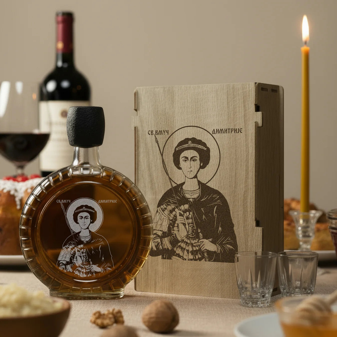 Slavski poklon Sveti Velikomučenik Dimitrije - Mitrovdan, izgravirana kutija sa čuturom za rakiju i dve čašice