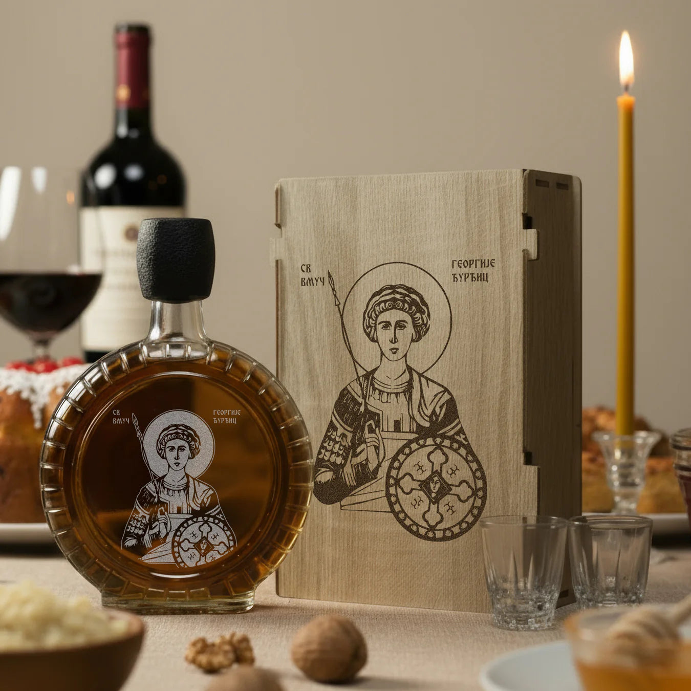 Slavski poklon Sveti Velikomučenik Georgije - Đurđic, izgravirana kutija sa čuturom za rakiju i dve čašice