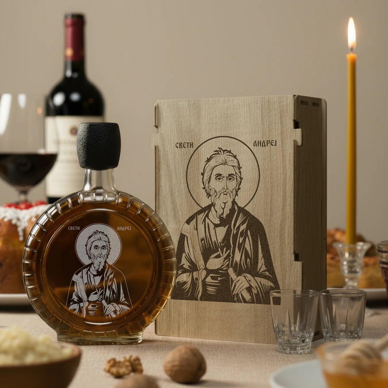 Slavski poklon Sveti apostol Andrej, izgravirana kutija sa čuturom za rakiju i dve čašice