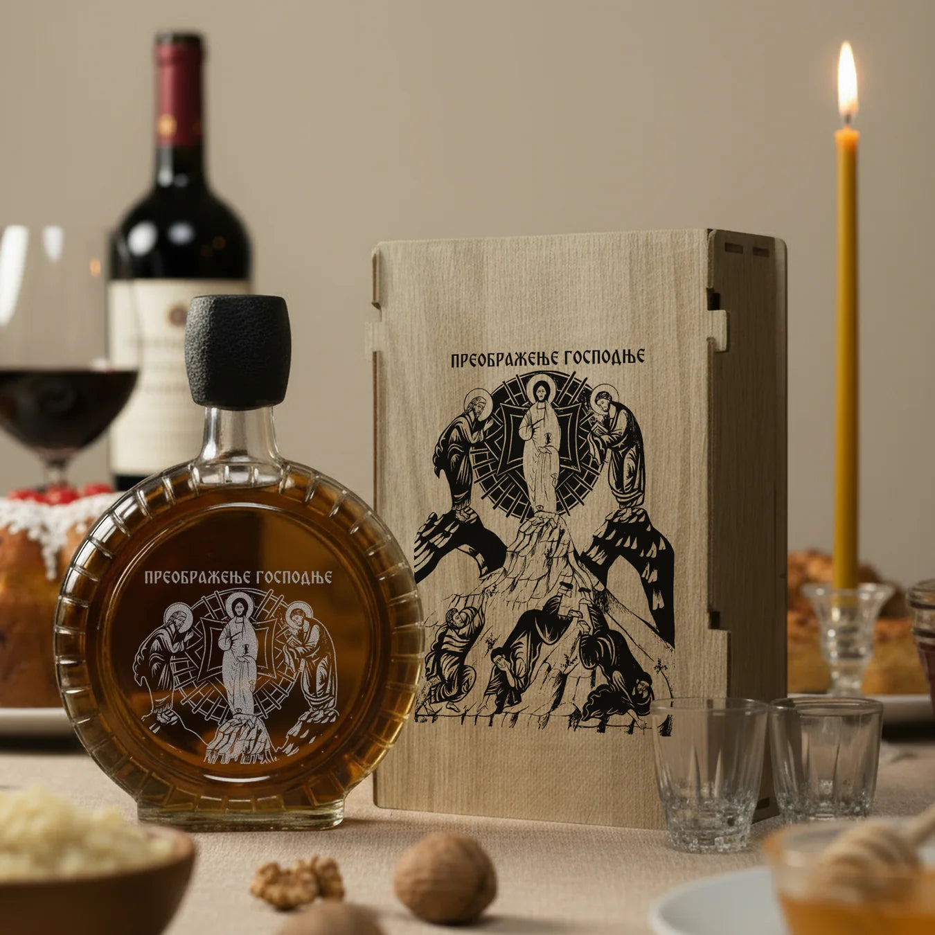 Slavski poklon set Preobraženje Gospodnje, sa 2 čašice (rakija nije uključena)