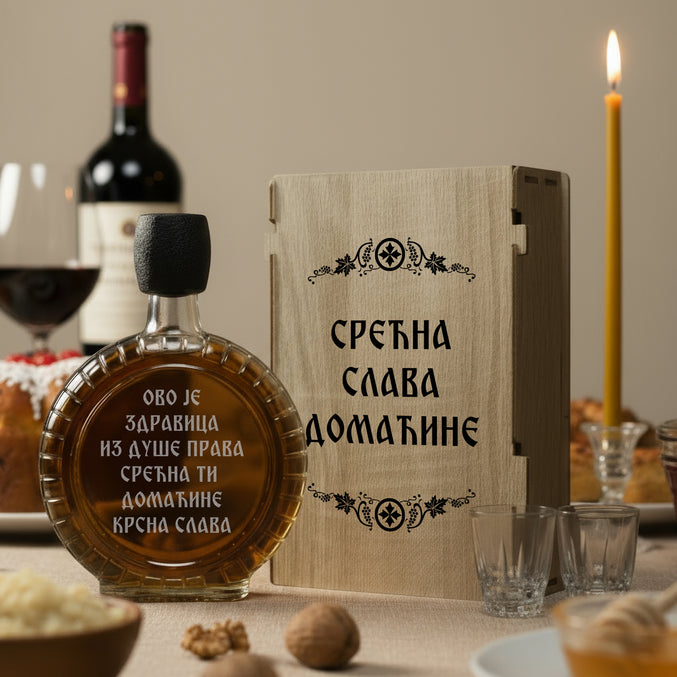 Slavski poklon set Srećna Slava Domaćine, sa 2 čašice (rakija nije uključena)