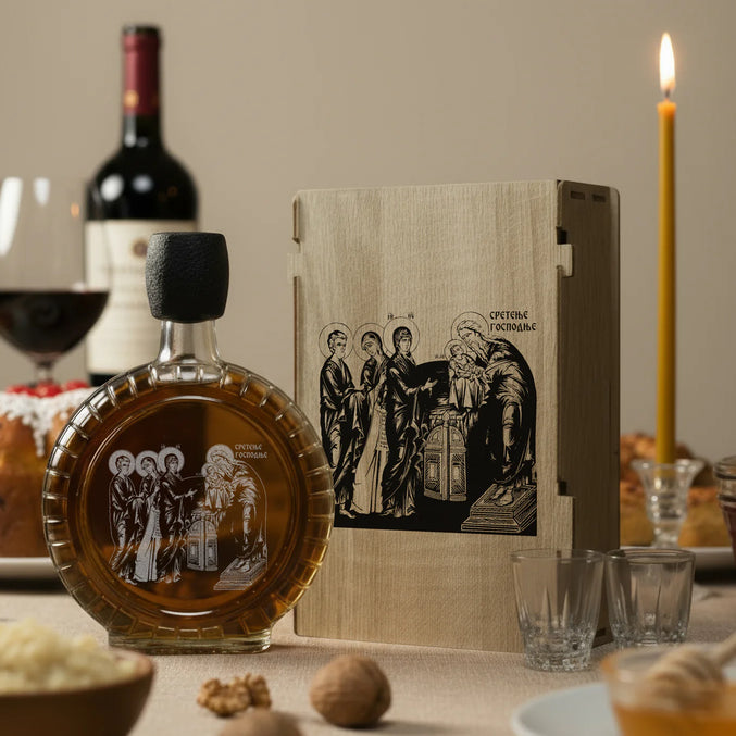 Slavski poklon set Sretenje Gospodnje, sa 2 čašice (rakija nije uključena)