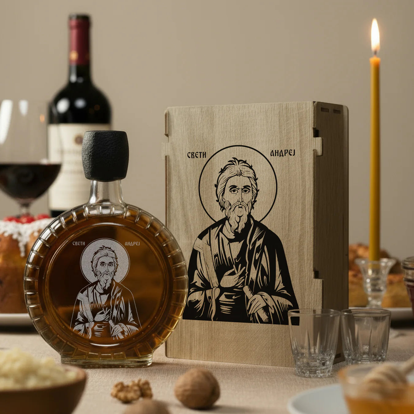 Slavski poklon set Sveti apostol Andrej, sa 2 čašice (rakija nije uključena)
