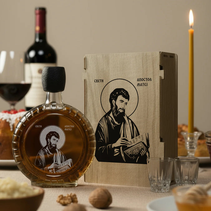 Slavski poklon set Sveti apostol Matej, sa 2 čašice (rakija nije uključena)