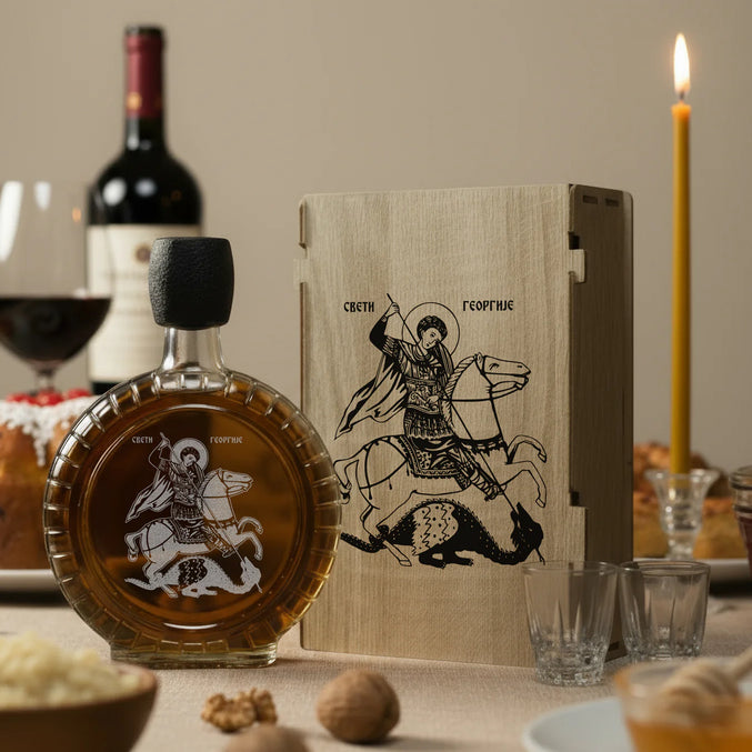 Slavski poklon set Sveti Georgije - Đurđevdan, sa 2 čašice (rakija nije uključena)