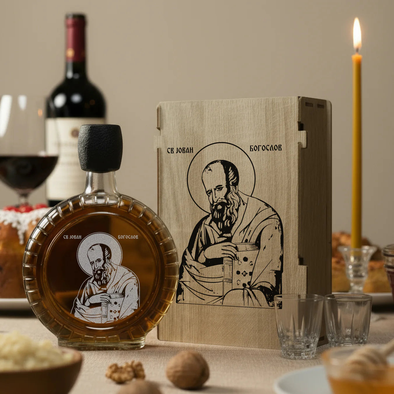 Slavski poklon set Sveti Jovan Bogoslov, sa 2 čašice (rakija nije uključena)