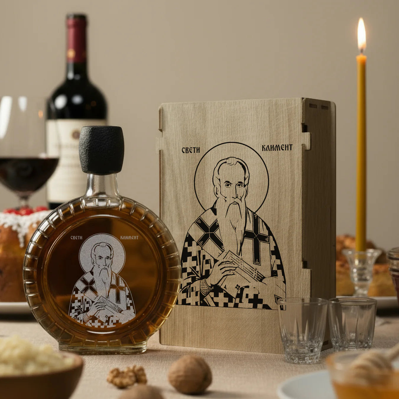 Slavski poklon set Sveti Kliment, sa 2 čašice (rakija nije uključena)