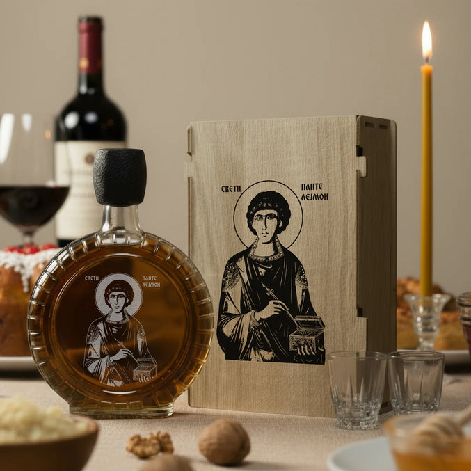 Slavski poklon set Sveti Pantelejmon, sa 2 čašice (rakija nije uključena)