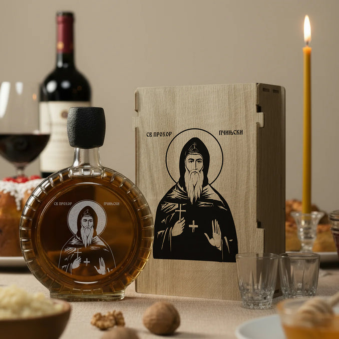 Slavski poklon set Sveti Prohor Pčinjski, sa 2 čašice (rakija nije uključena)