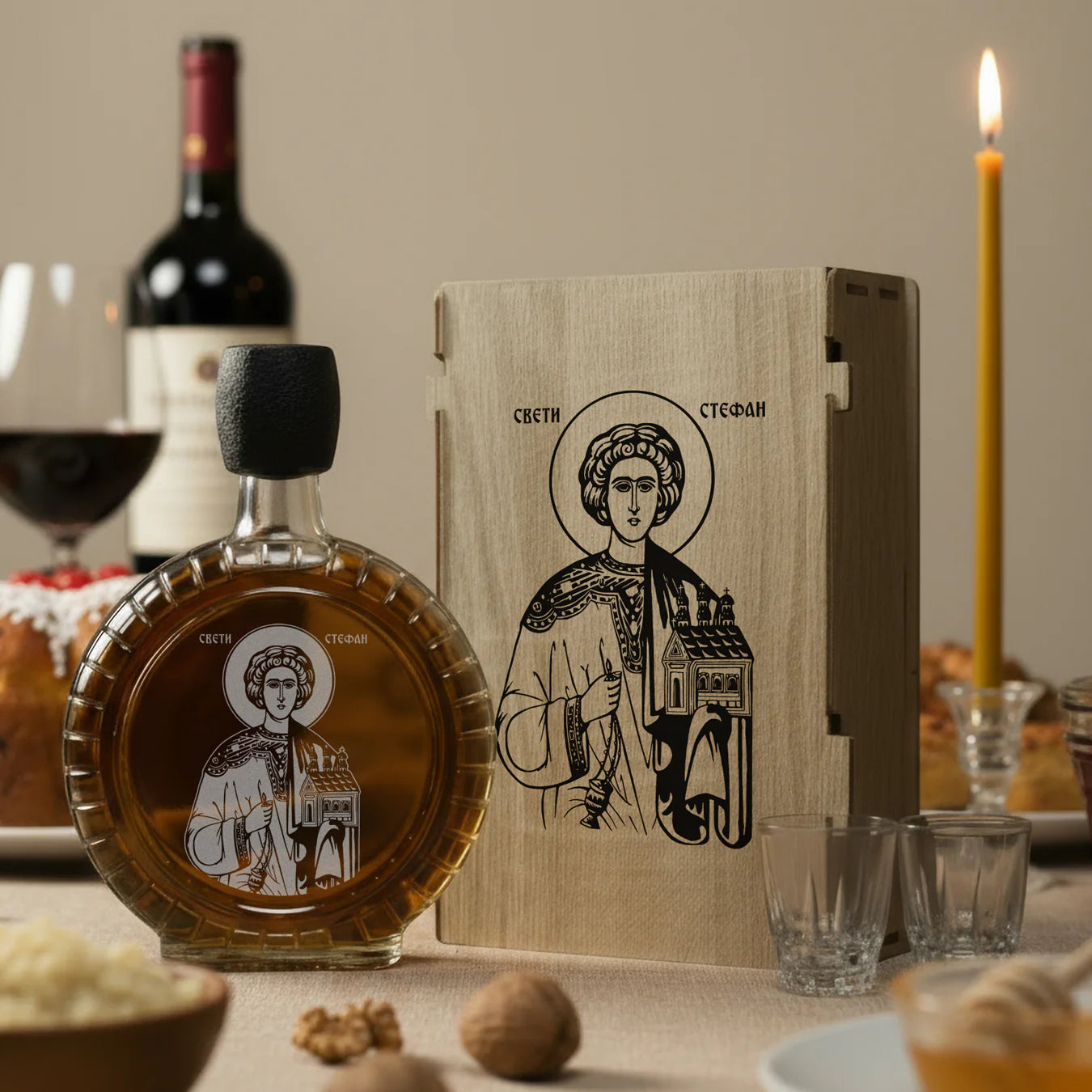 Slavski poklon set Sveti Stefan, sa 2 čašice (rakija nije uključena)