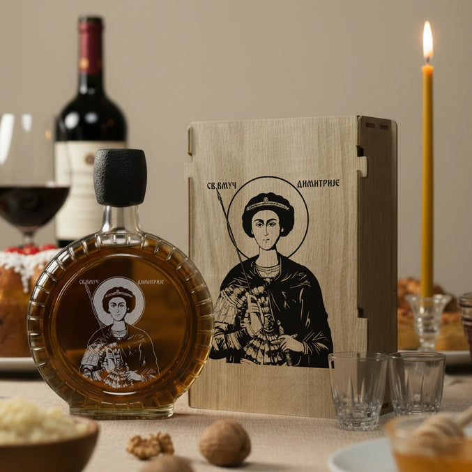 Slavski poklon set Sveti Dimitrije - Mitrovdan, sa 2 čašice (rakija nije uključena)