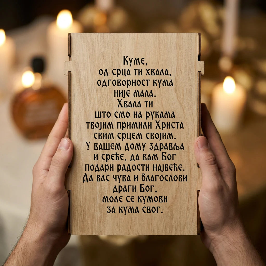 Oimano drvena kutija poklon za kuma na krštenju sa posvetom, drži se u rukama uz sveće u pozadini