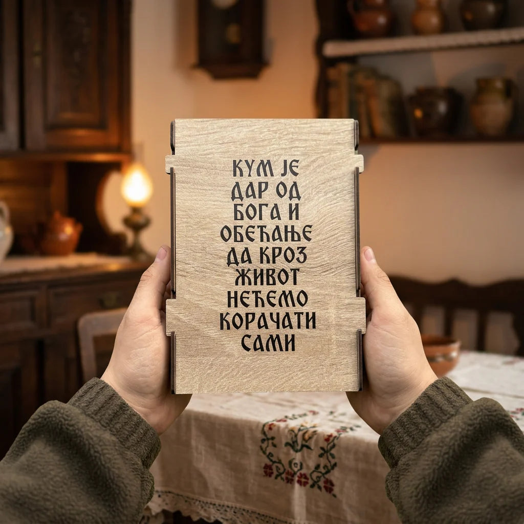 Oimano poklon set za kuma, drvena kutija sa natpisom Kum je dar od Boga, drži se u rukama u tradicijskom srpskom domu