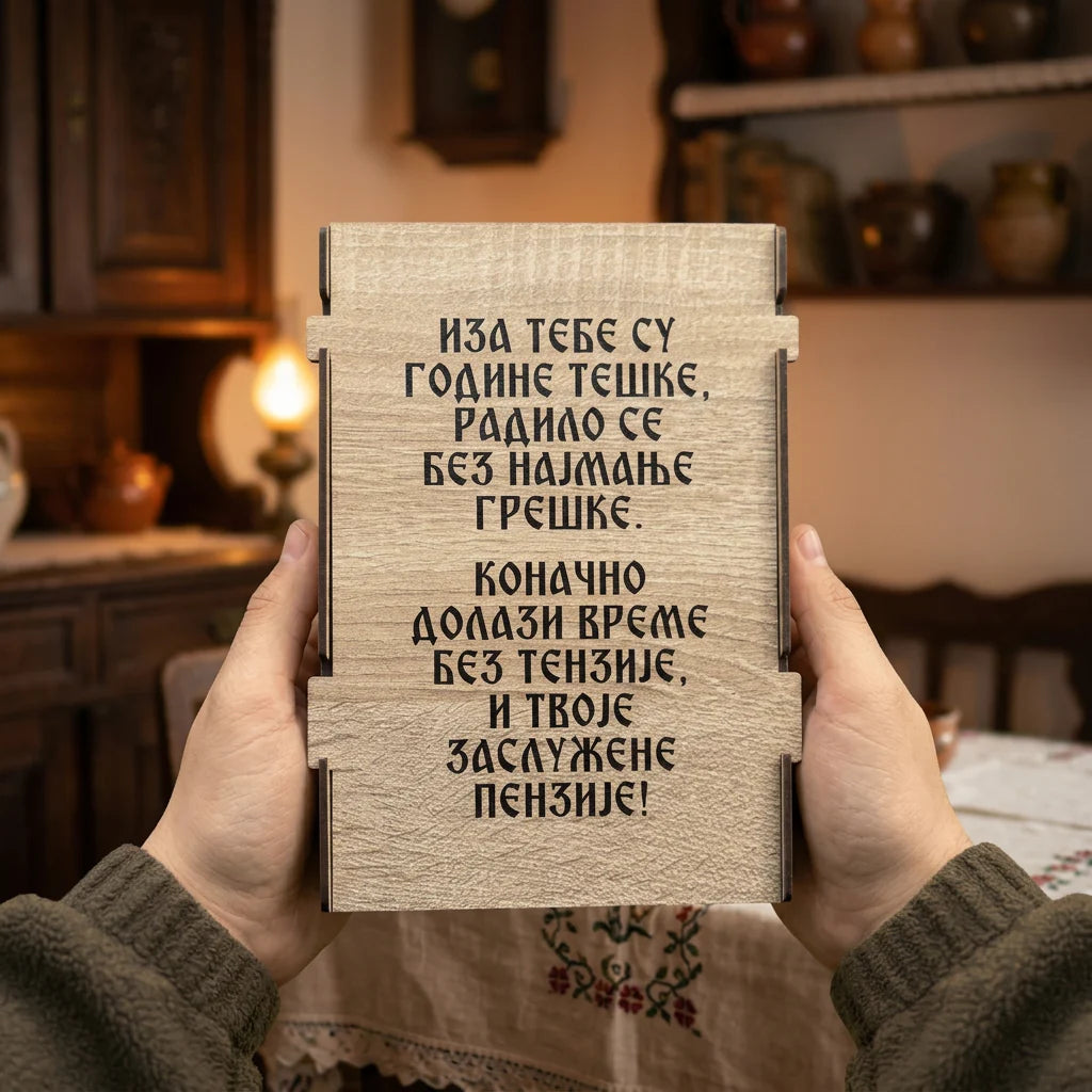 Oimano drvena kutija poklon za penziju sa natpisom Iza tebe su godine teške, drži se u rukama u srpskom domu