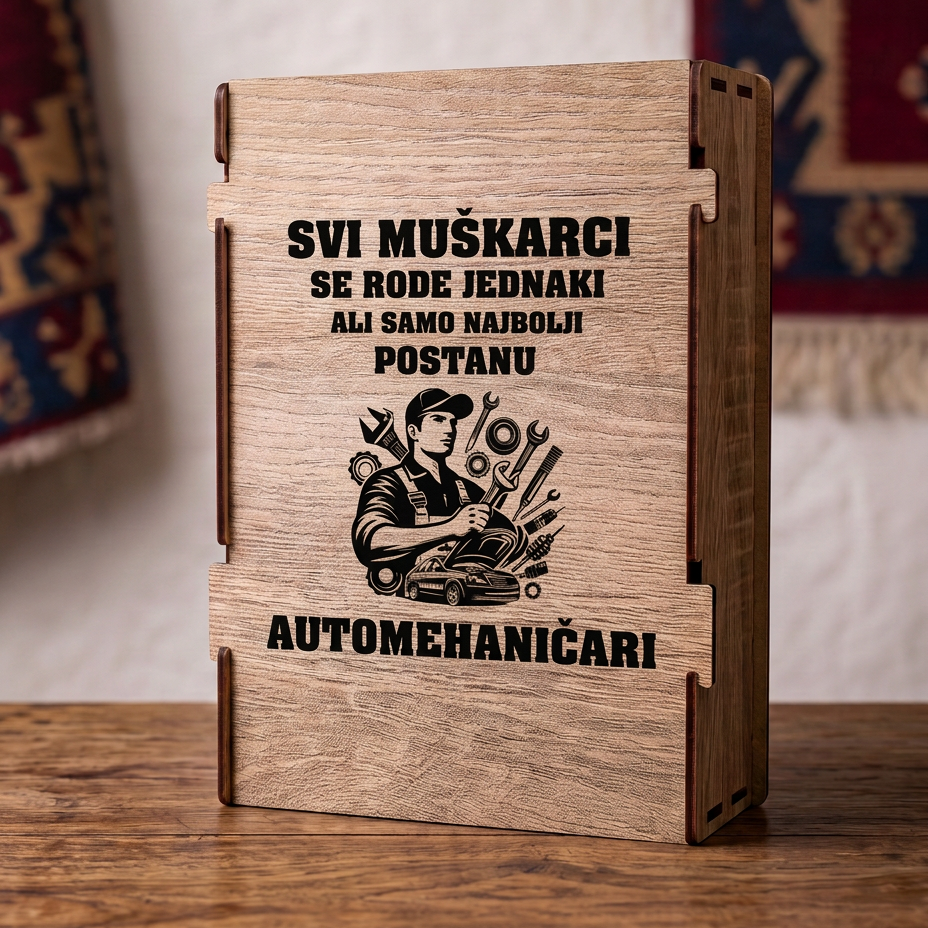 Gravura Samo najbolji postanu automehanicari sa alatom na drvenoj kutiji