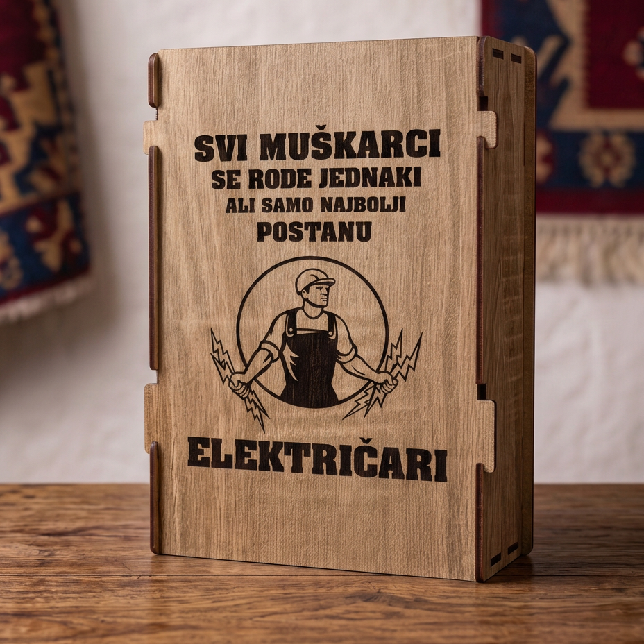 Gravura Samo najbolji postanu elektricari sa majstorom na drvenoj kutiji
