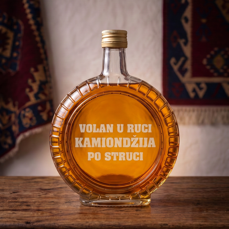 Gravura Volan u ruci kamiondzija po struci na staklenoj flasi iz seta