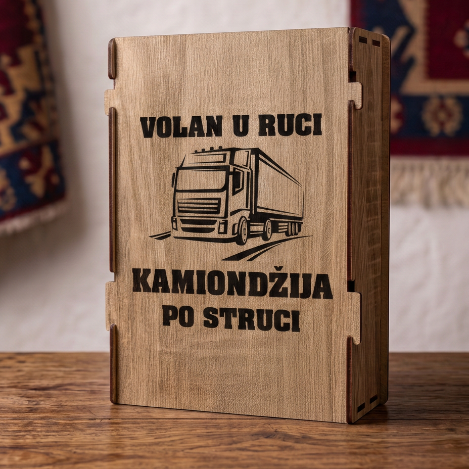 Gravura Volan u ruci kamiondzija po struci sa kamionom na drvenoj kutiji