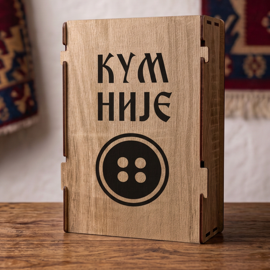Gravura Kum nije dugme sa motivom dugmeta na drvenoj kutiji iz poklon seta