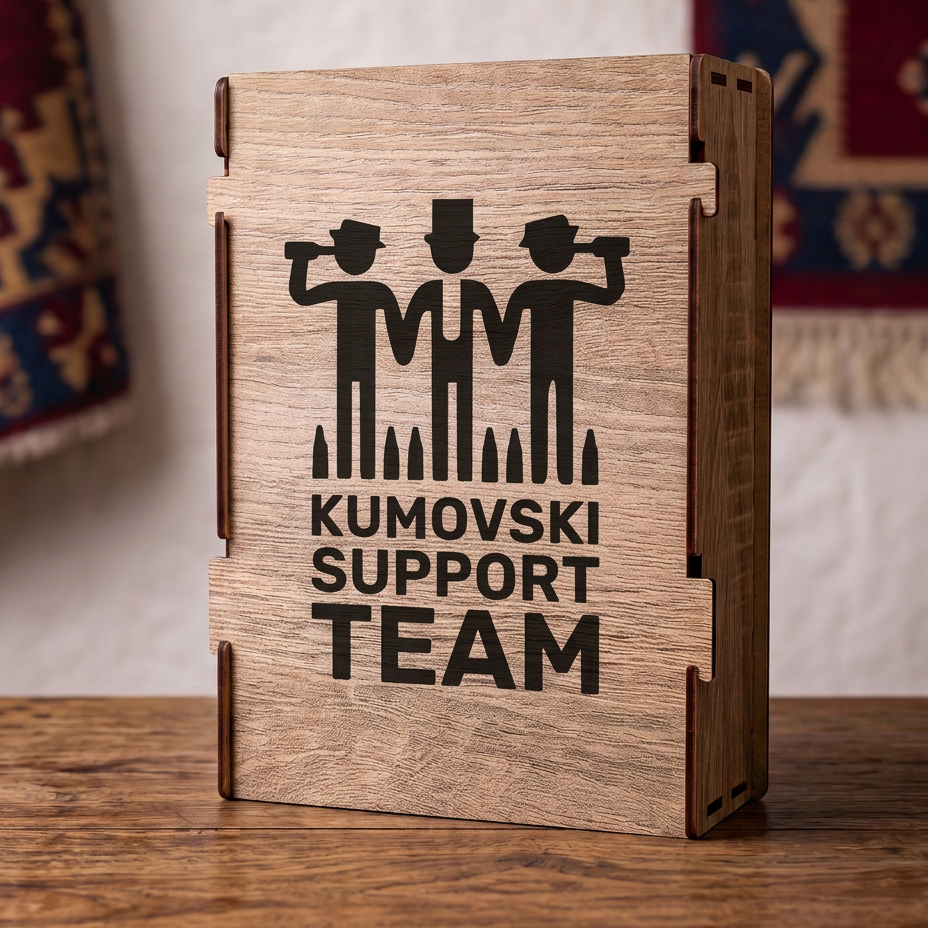 Gravura Kumovski support team sa tri lika na drvenoj kutiji iz poklon seta