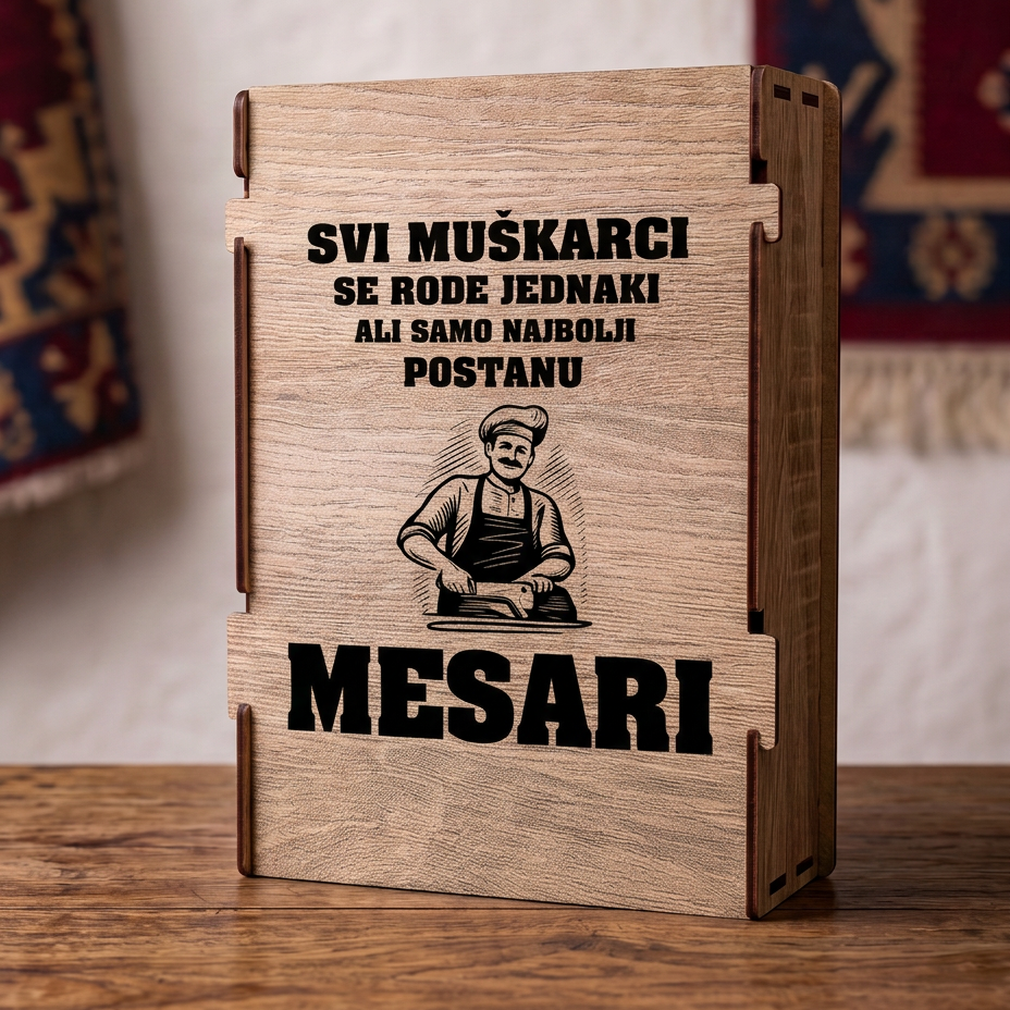 Gravura Samo najbolji postanu mesari sa likom mesara na drvenoj kutiji