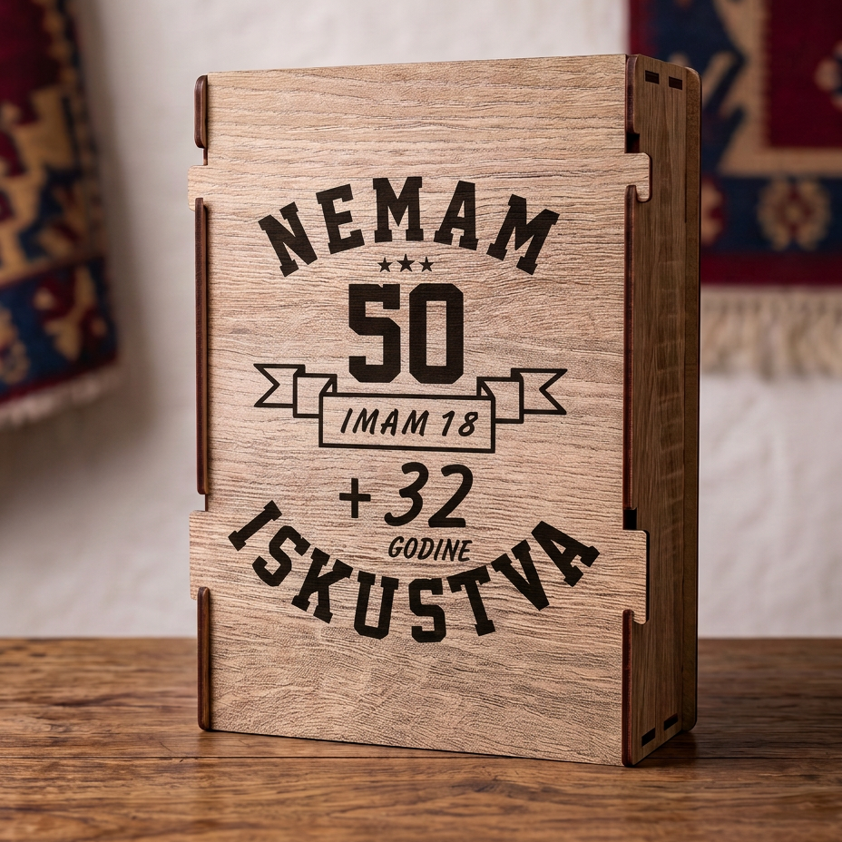 Gravura Nemam 50 imam 18 plus 32 godine iskustva na drvenoj kutiji iz seta